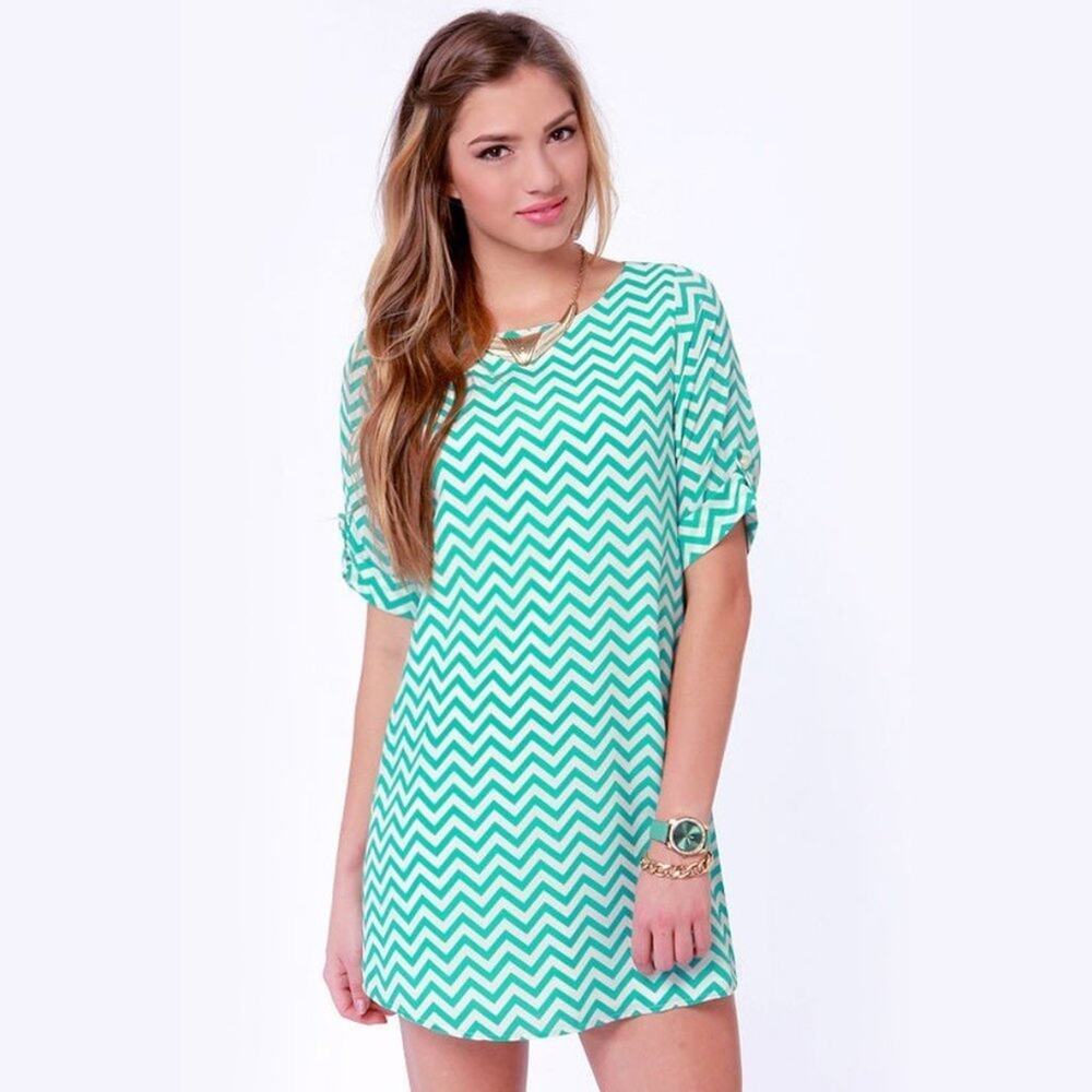 Everly for Lulus Teal Blue White Chevron Print Shirt Mini Shift Dress Womens S